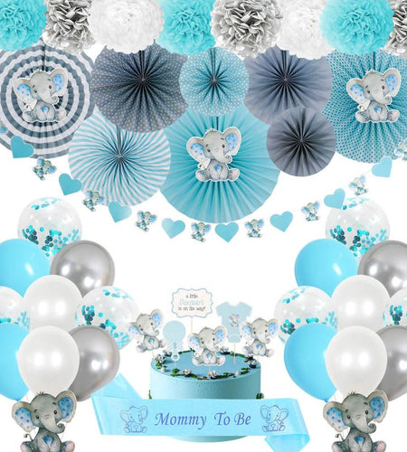 Elephant Baby Shower in Blue and Grey Party Package, Elephant Baby Shower for Boy Complete Kit, Boy Baby Shower in Blue and Gray