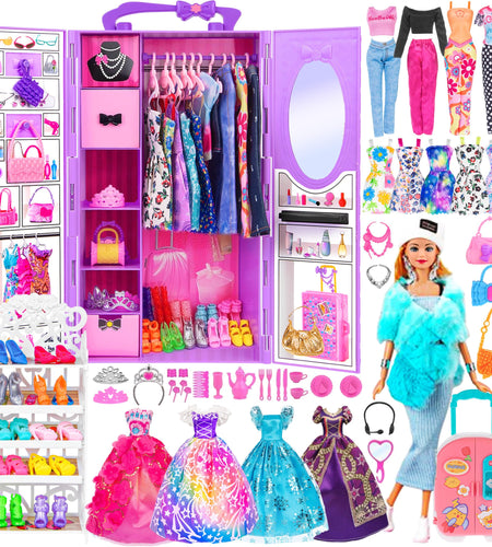 ebuddy Doll and Accessories Doll Closet Playset with 106 pcs Doll Clothes and Accessories for Girls 6-12 Including one Doll Closet Stylish Blue Set Luggage Shoe Rack Wedding Gowns