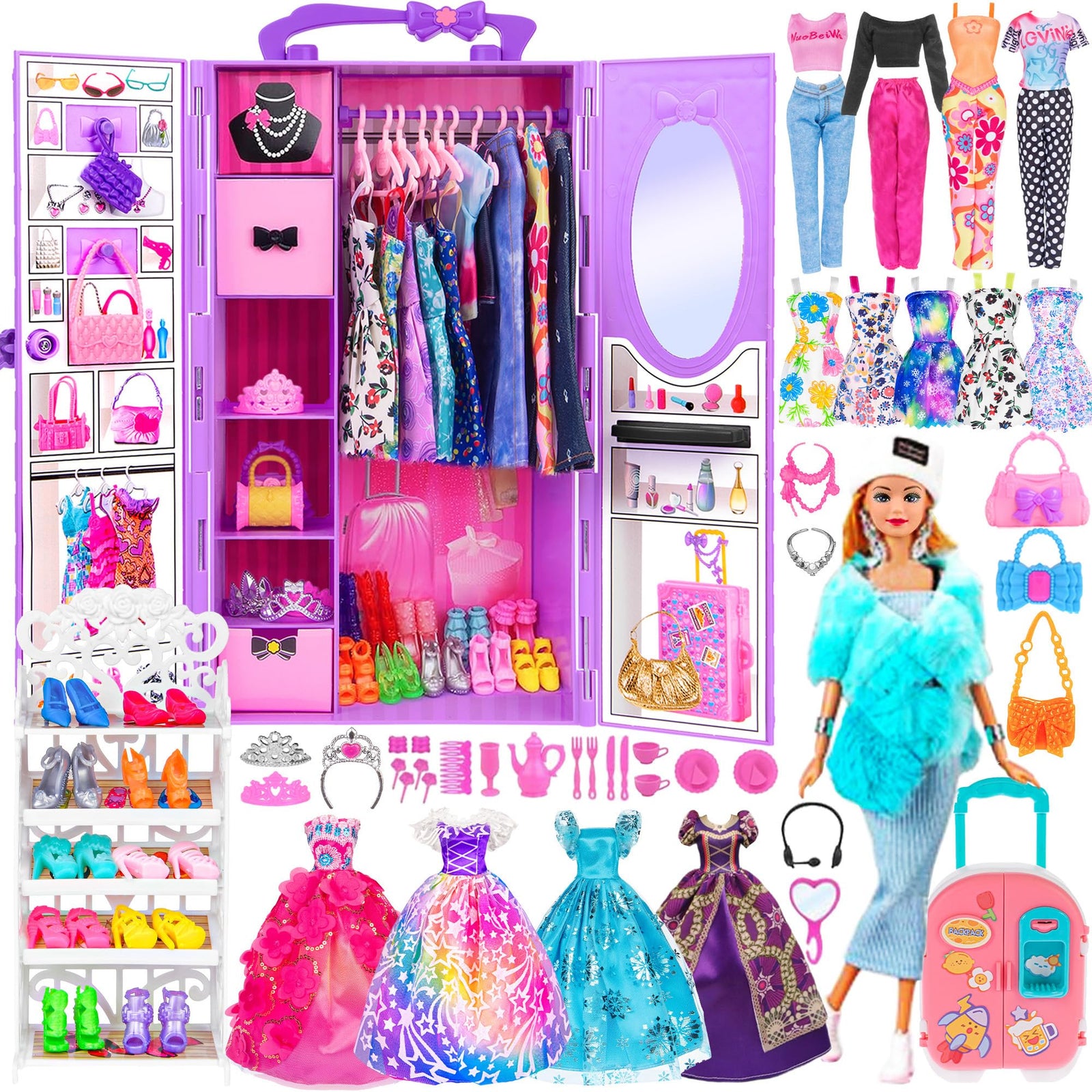ebuddy Doll and Accessories Doll Closet Playset with 106 pcs Doll Clothes and Accessories for Girls 6-12 Including one Doll Closet Stylish Blue Set Luggage Shoe Rack Wedding Gowns