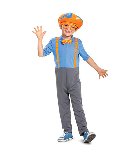 Blippi Costume for Kids Official Blippi Jumpsuit Outfit with Hat and Bowtie Classic Toddler Size Medium (3T-4T) Multicolored
