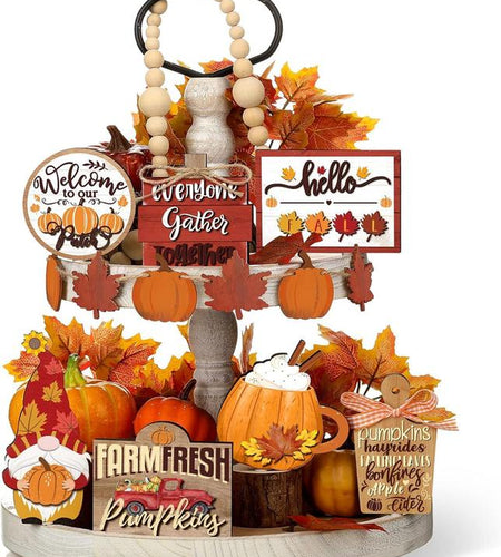 15 Pcs Fall Tiered Tray Decor Set Hello Fall Decor Autumn Wood Signs Thanksgiving Orange Brown Table Signs Farmhouse Wooden Maple Pumpkin Gnomes Tabletop for Festival Home Decor(Autumn)