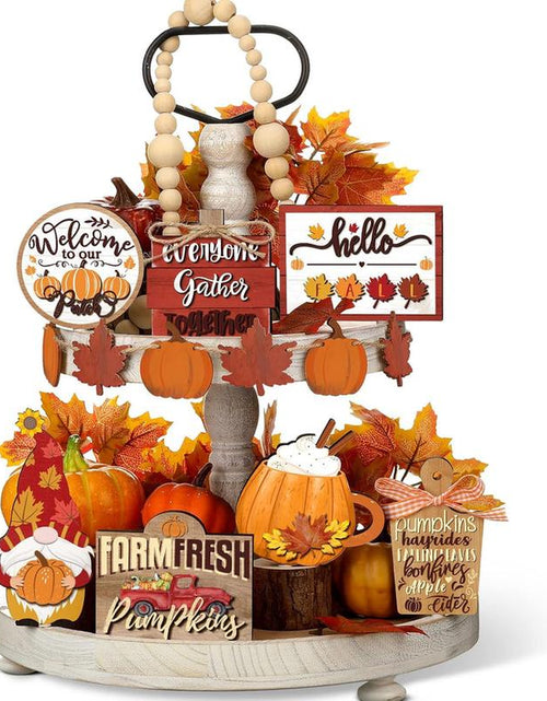 Load image into Gallery viewer, 15 Pcs Fall Tiered Tray Decor Set Hello Fall Decor Autumn Wood Signs Thanksgiving Orange Brown Table Signs Farmhouse Wooden Maple Pumpkin Gnomes Tabletop for Festival Home Decor(Autumn)
