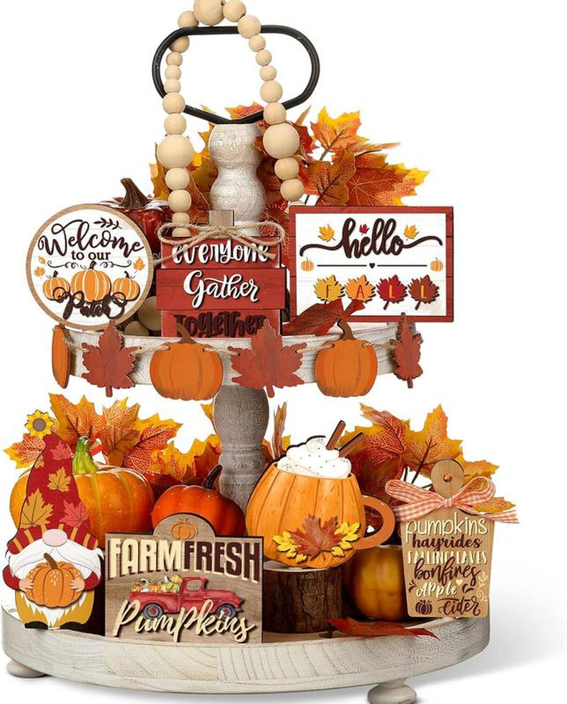 15 Pcs Fall Tiered Tray Decor Set Hello Fall Decor Autumn Wood Signs Thanksgiving Orange Brown Table Signs Farmhouse Wooden Maple Pumpkin Gnomes Tabletop for Festival Home Decor(Autumn)