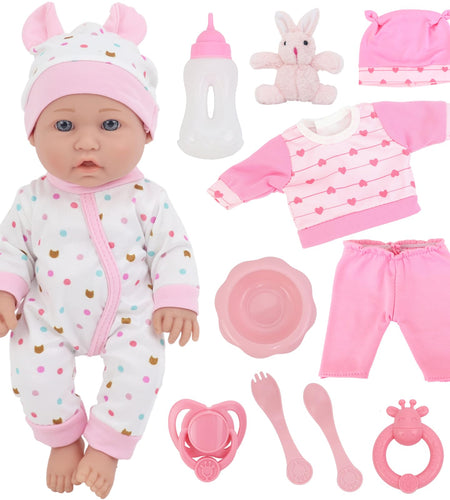 ZITA ELEMENT 12 Inch Baby Doll Playset with Doll Clothes and Accessories Includes Doll Clothes Rabbit Toy Nipple Feeding Set for New Born Baby Doll Baby Doll for Toddlers 3 Ages and Up