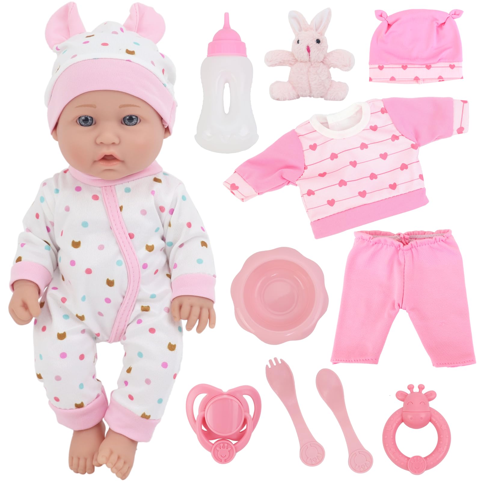 ZITA ELEMENT 12 Inch Baby Doll Playset with Doll Clothes and Accessories Includes Doll Clothes Rabbit Toy Nipple Feeding Set for New Born Baby Doll Baby Doll for Toddlers 3 Ages and Up