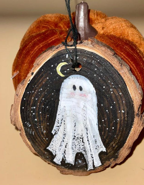 Load image into Gallery viewer, Wooden Hand Painted Halloween Decor - Handpainted Ghost on Wooden Circle Spooky Ornaments Decoration
