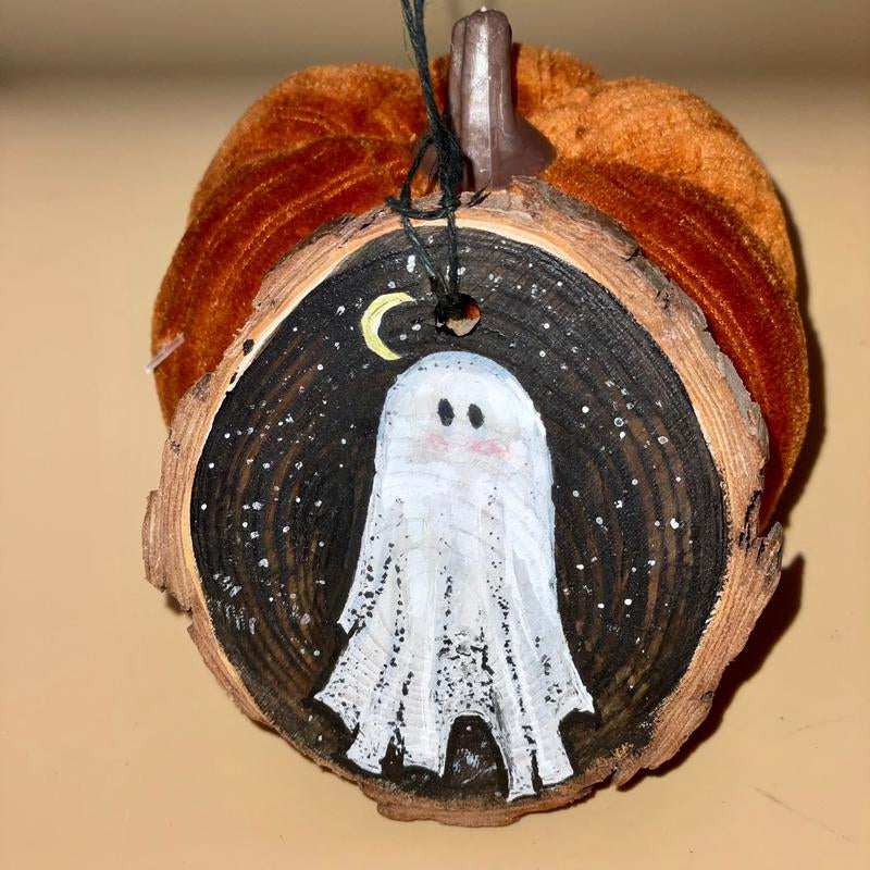 Wooden Hand Painted Halloween Decor - Handpainted Ghost on Wooden Circle Spooky Ornaments Decoration