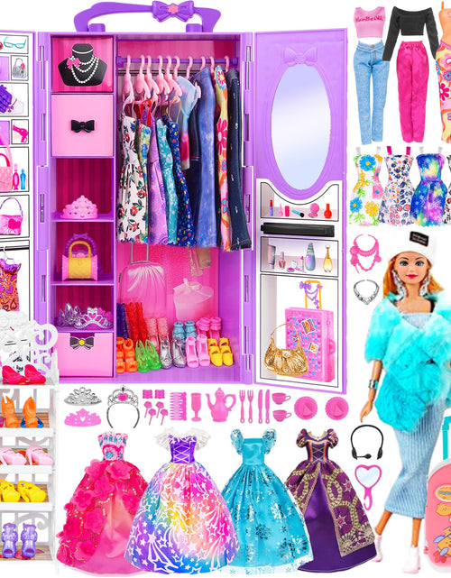 Load image into Gallery viewer, ebuddy Doll and Accessories Doll Closet Playset with 106 pcs Doll Clothes and Accessories for Girls 6-12 Including one Doll Closet Stylish Blue Set Luggage Shoe Rack Wedding Gowns
