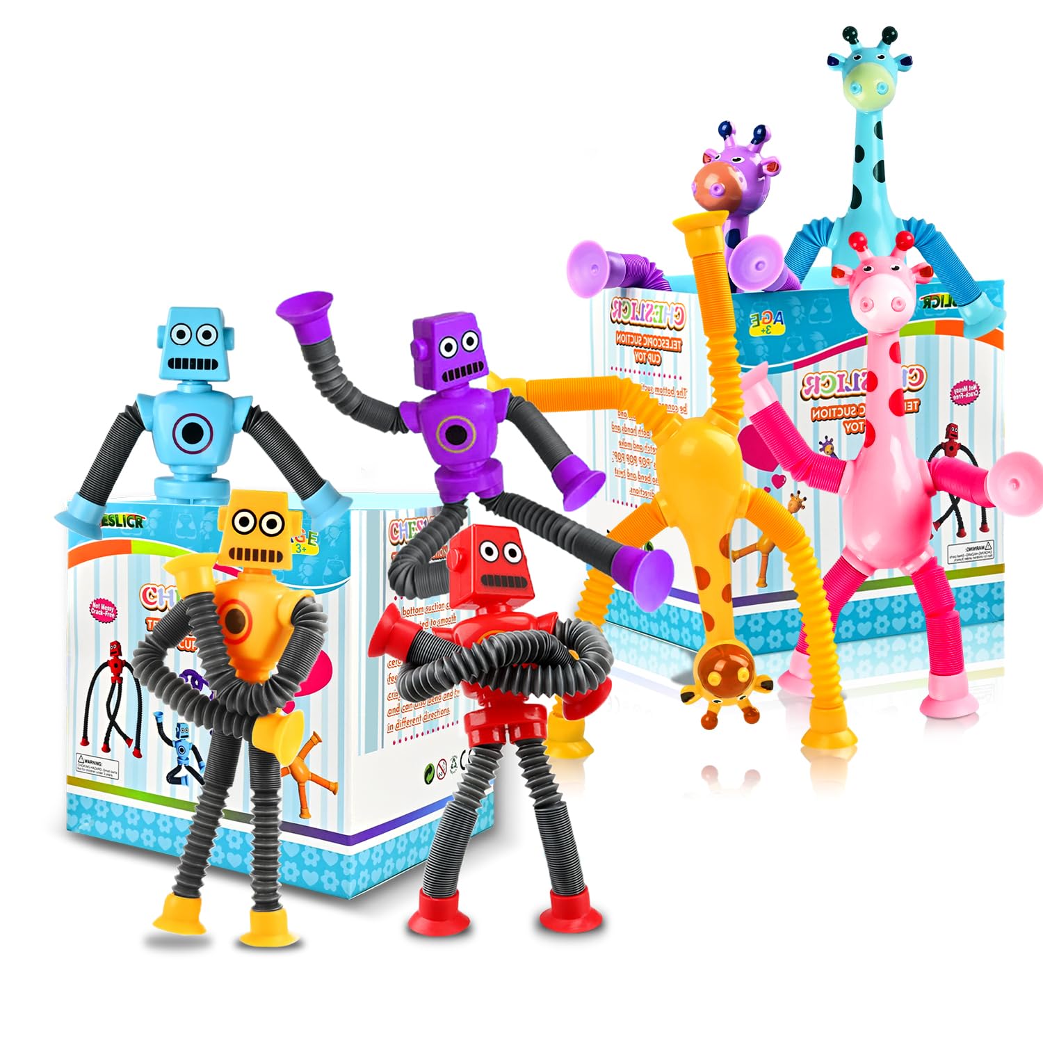 CHESLICR Autism Sensory Toys for Kid Boys Year Old Ages 4 5 6 7 8 9 10(8PCS) Suction Robot Toy Pop Tube Fidget Toys Autistic Travel Toys Valentines Day Gift Easter Basket Stocking Stuffer for Kids