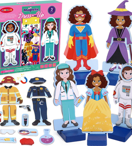 Atoylink Wooden Magnetic Dress up Dolls for Girls Pretend Play Set Princess/Witch/Occupations Community Helpers Matching Games Fashion Paper Dolls for Toddlers Preschool Learning Toys Gifts