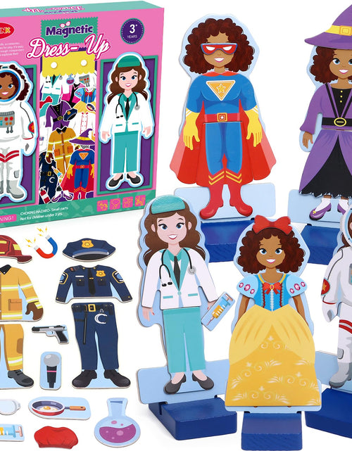 Load image into Gallery viewer, Atoylink Wooden Magnetic Dress up Dolls for Girls Pretend Play Set Princess/Witch/Occupations Community Helpers Matching Games Fashion Paper Dolls for Toddlers Preschool Learning Toys Gifts
