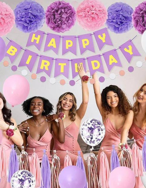 Load image into Gallery viewer, Purple Pink Birthday Party Decorations Set with Happy Birthday Banner, Hanging Swirls, Tissue Paper Pompoms, Circle Dots Garland &amp; More Balloons

