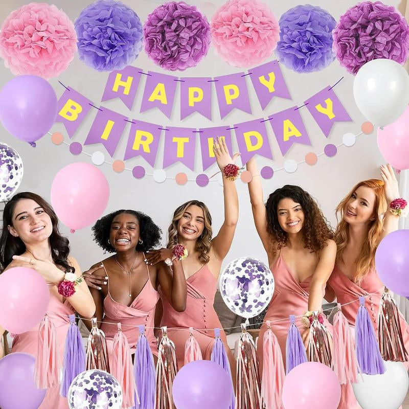 Purple Pink Birthday Party Decorations Set with Happy Birthday Banner, Hanging Swirls, Tissue Paper Pompoms, Circle Dots Garland & More Balloons