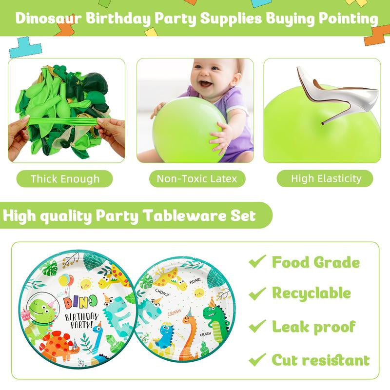 Dinosaur Birthday Party Supplies Set - 242 PCS Green Balloon Garland Arch Kit with Dino Balloons, Tableware, and Decorations
