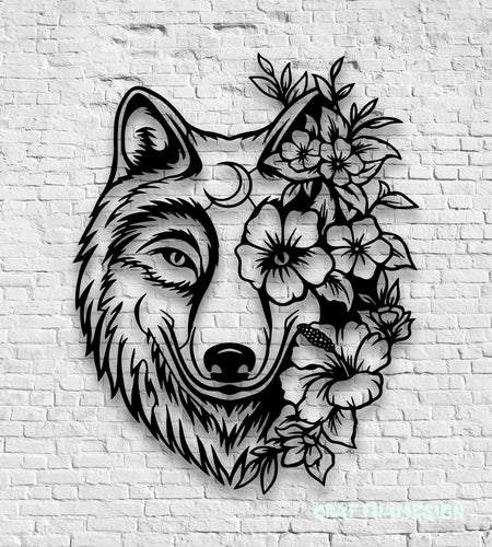 Floral Wolf Metal Wall Art LED Light, Wolf Sign Home Decor, Ideal for Home Decor