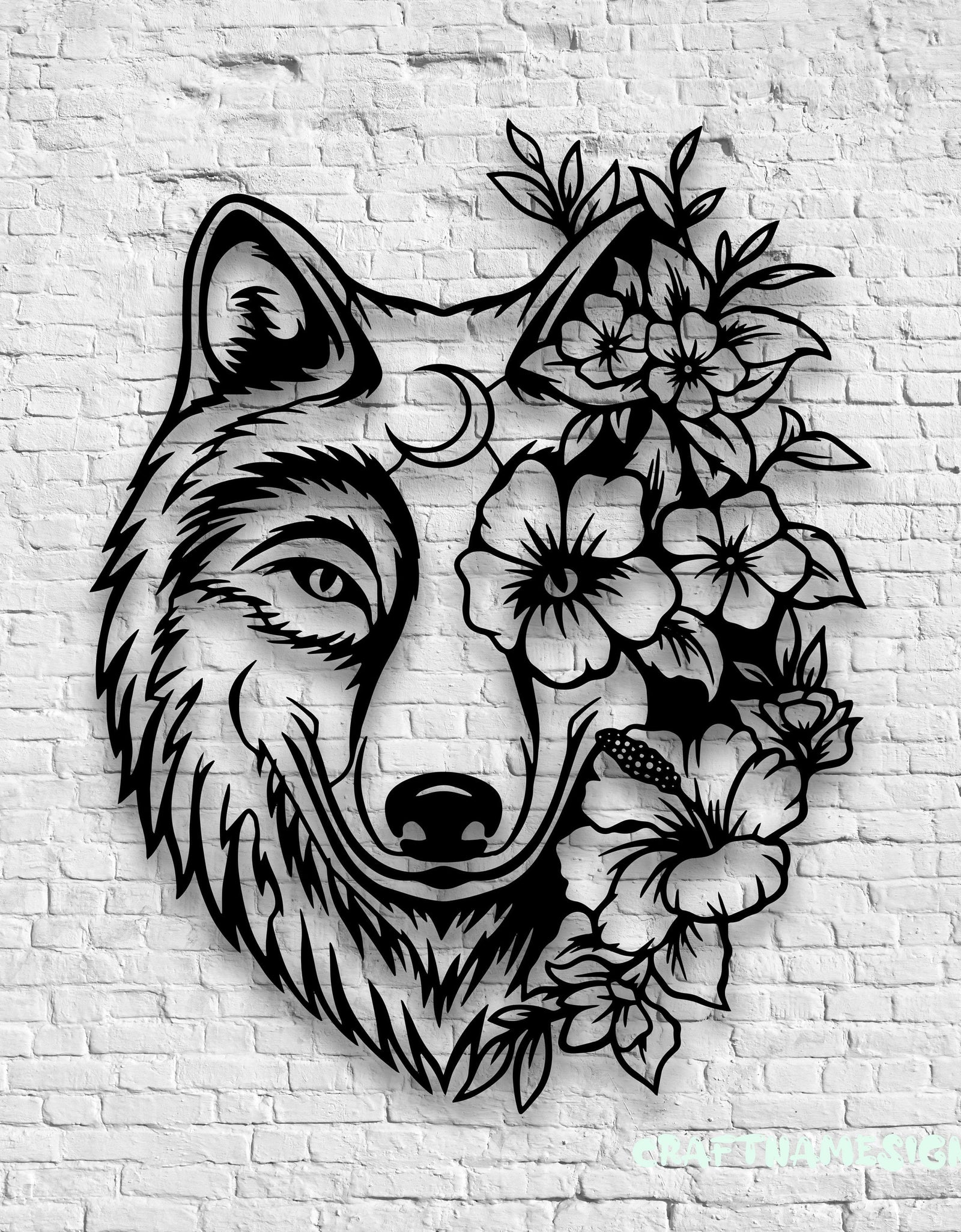 Floral Wolf Metal Wall Art LED Light, Wolf Sign Home Decor, Ideal for Home Decor