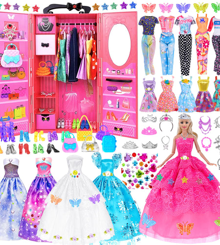 ebuddy 140 Pack Doll and Closet Set Fashion DIY Wardrobe Doll Clothes and Accessories Including Doll Wardrobe Wedding DressShoes Necklace Bags and More for 11.5 Inch Doll(One Doll)