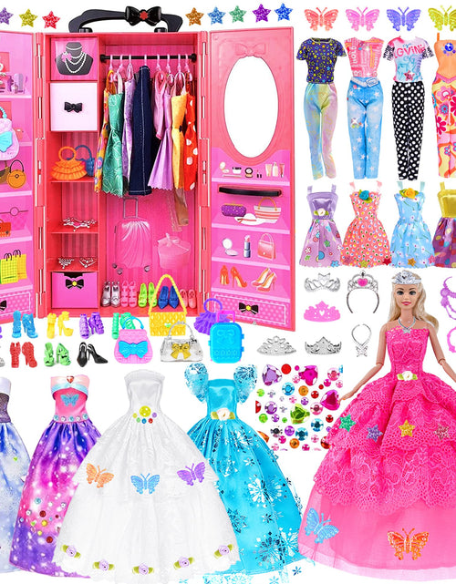 Load image into Gallery viewer, ebuddy 140 Pack Doll and Closet Set Fashion DIY Wardrobe Doll Clothes and Accessories Including Doll Wardrobe Wedding DressShoes Necklace Bags and More for 11.5 Inch Doll(One Doll)
