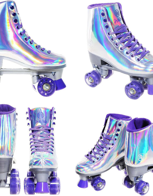 Load image into Gallery viewer, Roller Skates for Women, Holographic High Top PU Leather Rollerskates, Shiny Double-Row Four Wheels Quad Skates for Girls and Age 8-50 Indoor Outdoor (Silver Purple)
