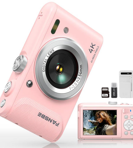 Compact Portable 4K Digital Camera, Travel 4K Digital Camera Pocket, Digital Cameras Autofocus Vlogging Anti-Shake 18X Zoom 64MP 8 Modes 2.8" HD LCD Charger 32GB Card Reader, Pink