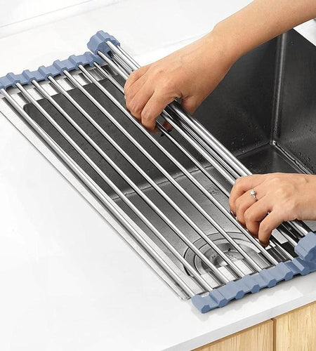 Way Finder - over the Sink Dish Drying Rack, Roll up Dish Drying Rack Kitchen Fruit Organiser Stainless Steel Bowl Cabinet Silicone