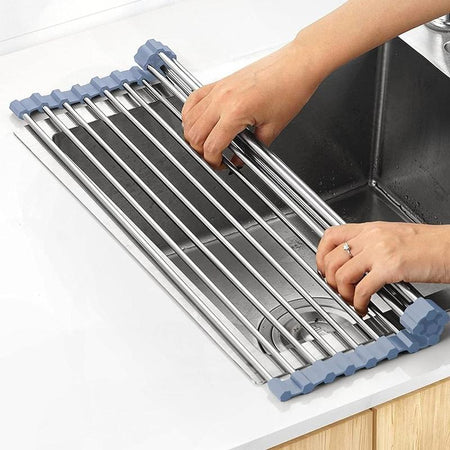 Way Finder - over the Sink Dish Drying Rack, Roll up Dish Drying Rack Kitchen Fruit Organiser Stainless Steel Bowl Cabinet Silicone