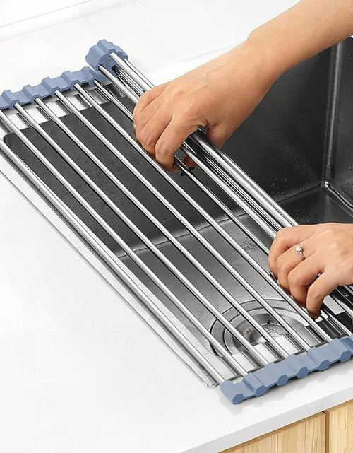 Load image into Gallery viewer, Way Finder - over the Sink Dish Drying Rack, Roll up Dish Drying Rack Kitchen Fruit Organiser Stainless Steel Bowl Cabinet Silicone
