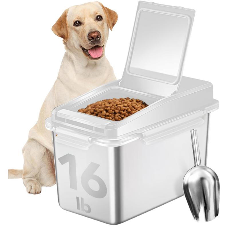 Dog Food Storage Container Stainless Steel with Scoop, 16Lb/7.4Kg Airtight Pet Metal Food Storage Bin, Cat Food Container for Dry Dog Food, Cat Food, Bird Seed, Keep Food Fresh, Brown