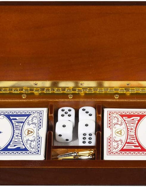 Load image into Gallery viewer, 3 Player Wood Cribbage Set - Easy Grip Pegs and 2 Decks of Cards inside of Board - Walnut Stained
