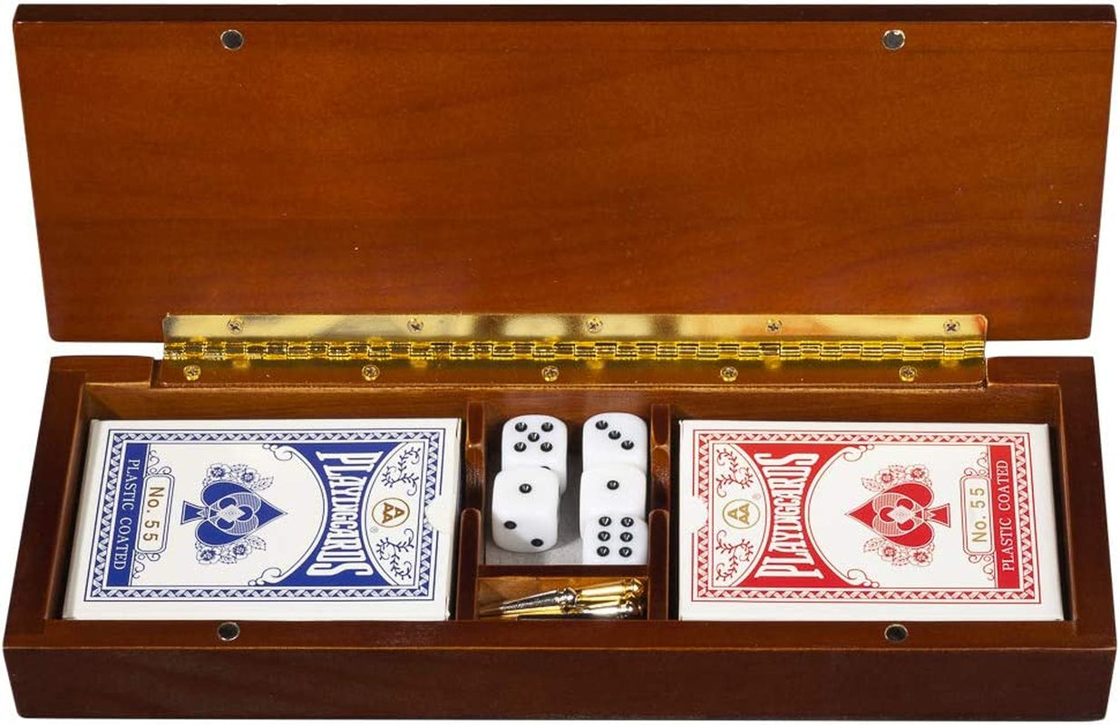 3 Player Wood Cribbage Set - Easy Grip Pegs and 2 Decks of Cards inside of Board - Walnut Stained