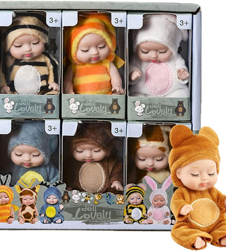 6 Pcs Mini Baby Dolls 4 Inch Gift Set Cute Small Baby Doll Toys with Animal Clothes and Bunk Bed for Kids 3+ Year Old Gift (Style D)