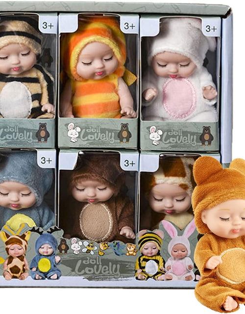 Load image into Gallery viewer, 6 Pcs Mini Baby Dolls 4 Inch Gift Set Cute Small Baby Doll Toys with Animal Clothes and Bunk Bed for Kids 3+ Year Old Gift (Style D)
