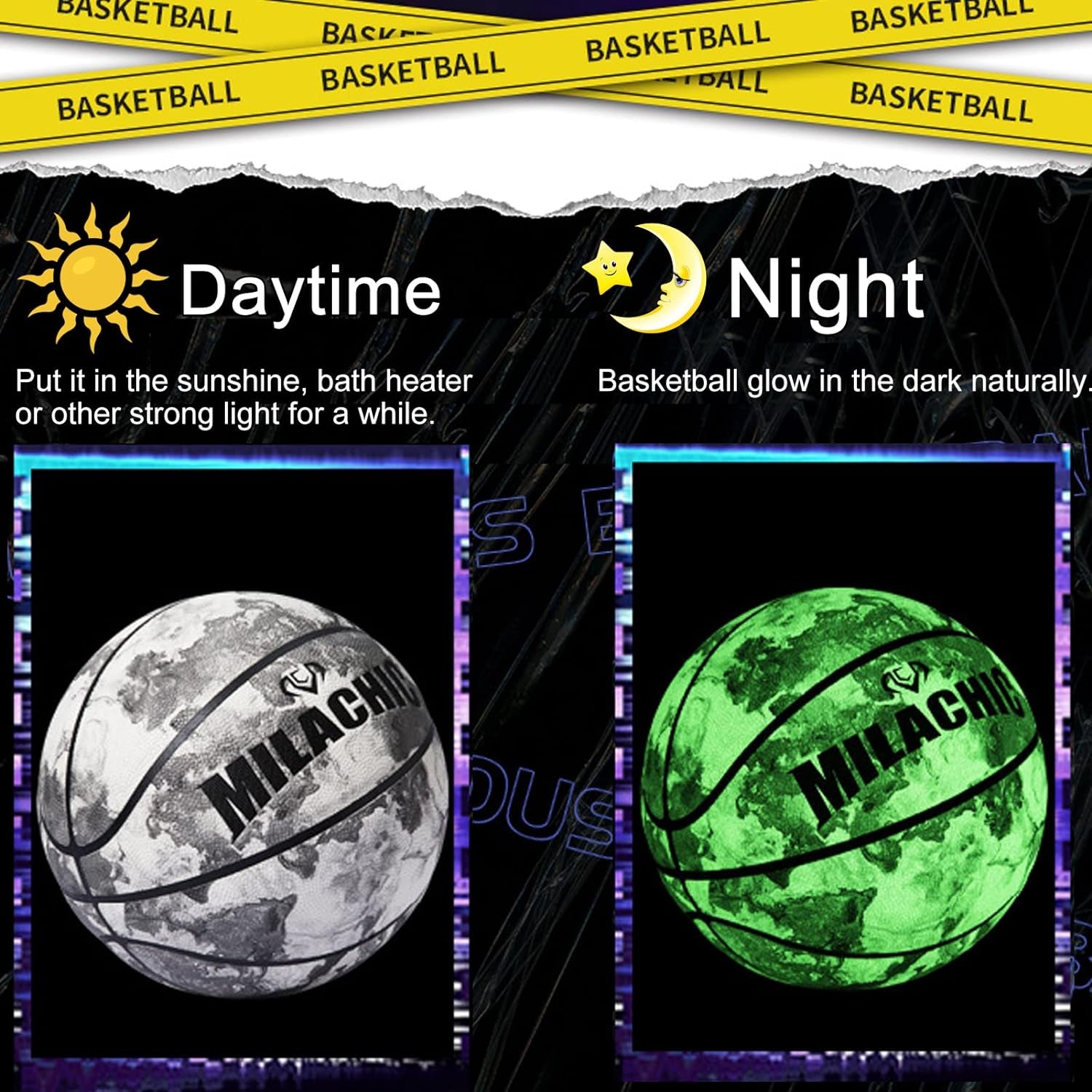 Glow in the Dark Basketball - Glowing Leather Green Light up Gift for Teenagers, Men, Women - Indoor-Outdoor Night Game with Pump (Size 5/6/7)
