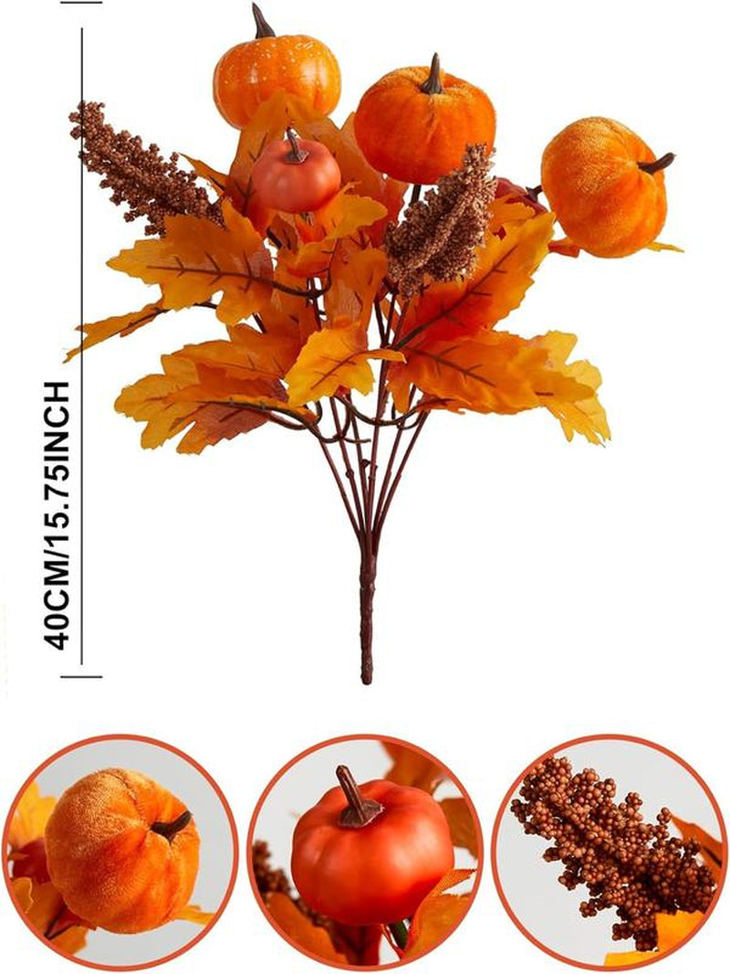 PARTY JOY 4PCS Maple Leaves Bunch with Silk Pumpkin Autumn Floral Stems for DIY Arrangment Fall Decor Fall Decorations for Home