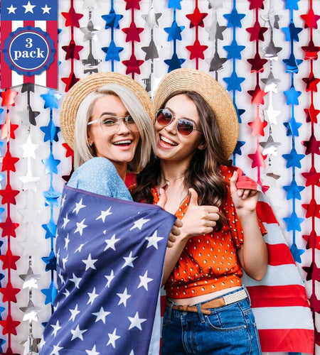 Lolstar 4Th of July Decorations, Red White and Blue 3 Pack Star Tinsel Foil Fringe Curtains, Memorial Day Photo Booth Prop Streamers Backdrop for America Patriotic Party Independence Day Labor Day Banners Ornaments