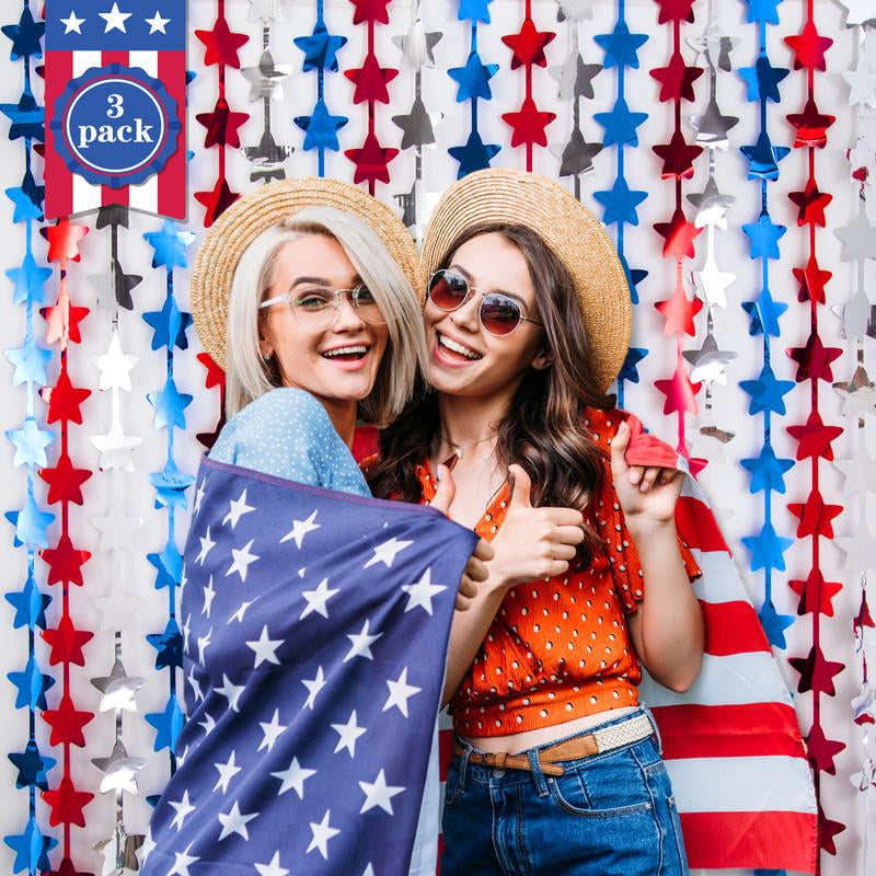 Lolstar 4Th of July Decorations, Red White and Blue 3 Pack Star Tinsel Foil Fringe Curtains, Memorial Day Photo Booth Prop Streamers Backdrop for America Patriotic Party Independence Day Labor Day Banners Ornaments