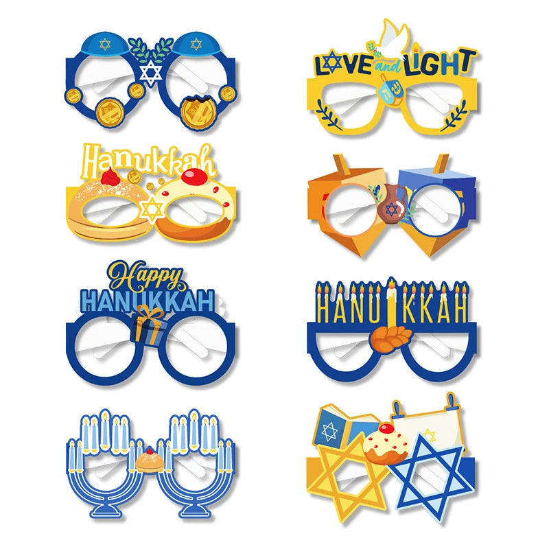 8Pcs Hanukkah Party Paper Glasses Props Interesting Holiday Glasses Frames Hanukkah Party DIY Photo Booth Props Glasses Decorate