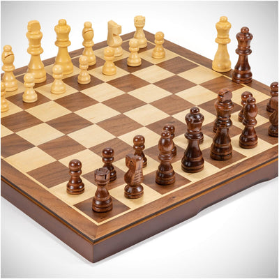 Chess Set Board Games for Adults: Handmade Walnut Wooden 15" 2 Extra Queens Folding Portable Travel Gift idea Pieces Storage Bags Instructions