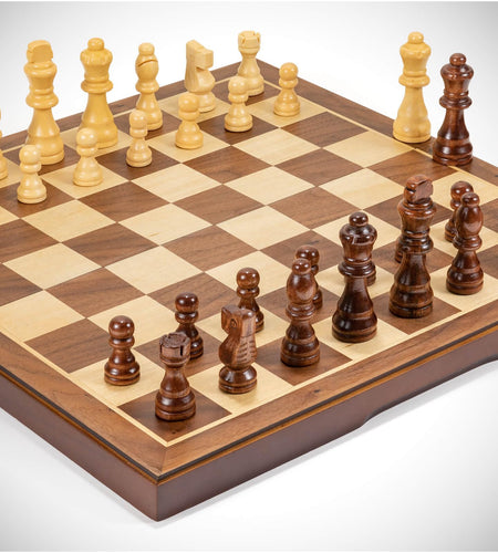 Chess Set Board Games for Adults: Handmade Walnut Wooden 15" 2 Extra Queens Folding Portable Travel Gift idea Pieces Storage Bags Instructions