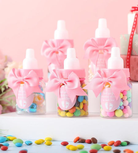 24/48 Pcs Baby Shower Prize Mini Baby Bottles Chug Plastic Milk Bottles Candy Baby Bottles with Thank You Showering Stickers and Bows Thank You Gifts for Guests,Birthday Party Baby Shower Favors Gift