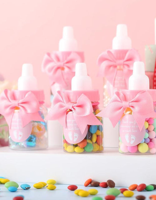 Load image into Gallery viewer, 24/48 Pcs Baby Shower Prize Mini Baby Bottles Chug Plastic Milk Bottles Candy Baby Bottles with Thank You Showering Stickers and Bows Thank You Gifts for Guests,Birthday Party Baby Shower Favors Gift
