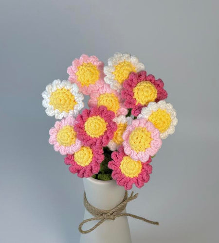 12Pcs, Crochet Daisies without Vase, Decorating Rosy Eternal Flowers,Dozen Bouquets,Decorative Bouquet for Home Decor,Garden Party,Wedding Decor