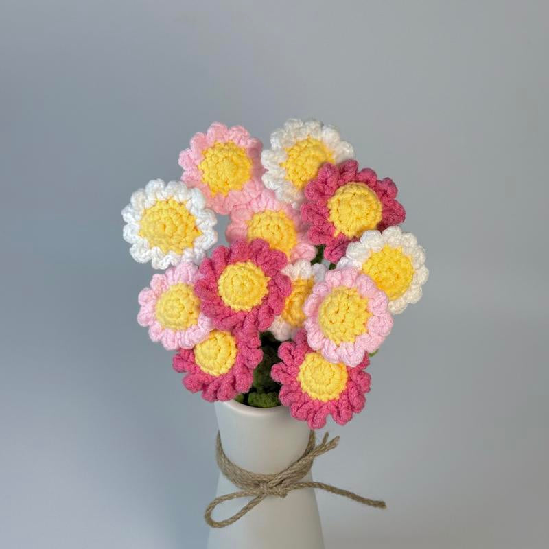 12Pcs, Crochet Daisies without Vase, Decorating Rosy Eternal Flowers,Dozen Bouquets,Decorative Bouquet for Home Decor,Garden Party,Wedding Decor