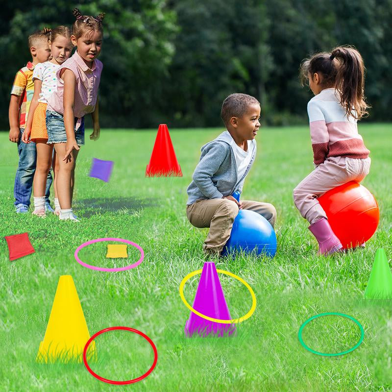 Joyspot 4 in 1 Carnival Outdoor Games Combo Set for Kids, Soft Plastic Cones Bean Bags Ring Toss Game,Gift for Kids
