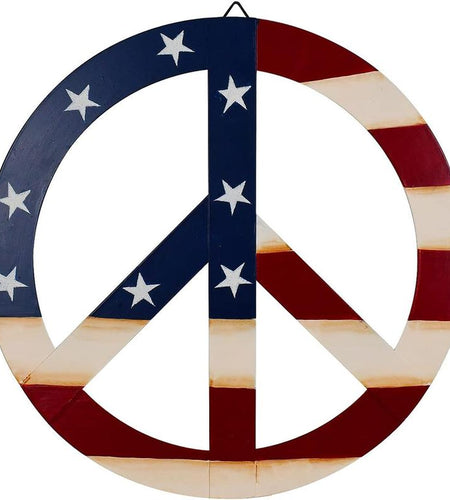 Patriotic American Flag Metal Peace Sign, Decorative Metal Hanging Peace Sign Wall Decor Star and Stripes Peace Sign Wall Art for Home Door Wall