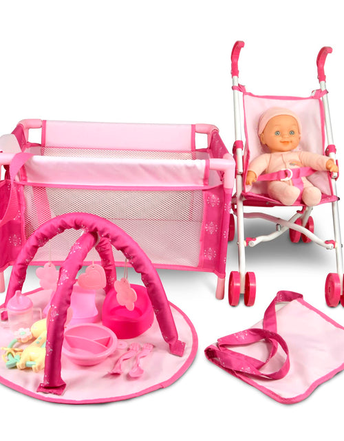 Load image into Gallery viewer, ANIVIA 5PCs Baby Doll Stroller Set - Baby Doll Accessories Set Includes Doll Stroller/Doll Crib/Play Mat/Feeding Toy/Diaper Bag Nursery Role Play Set (11" Doll Included)
