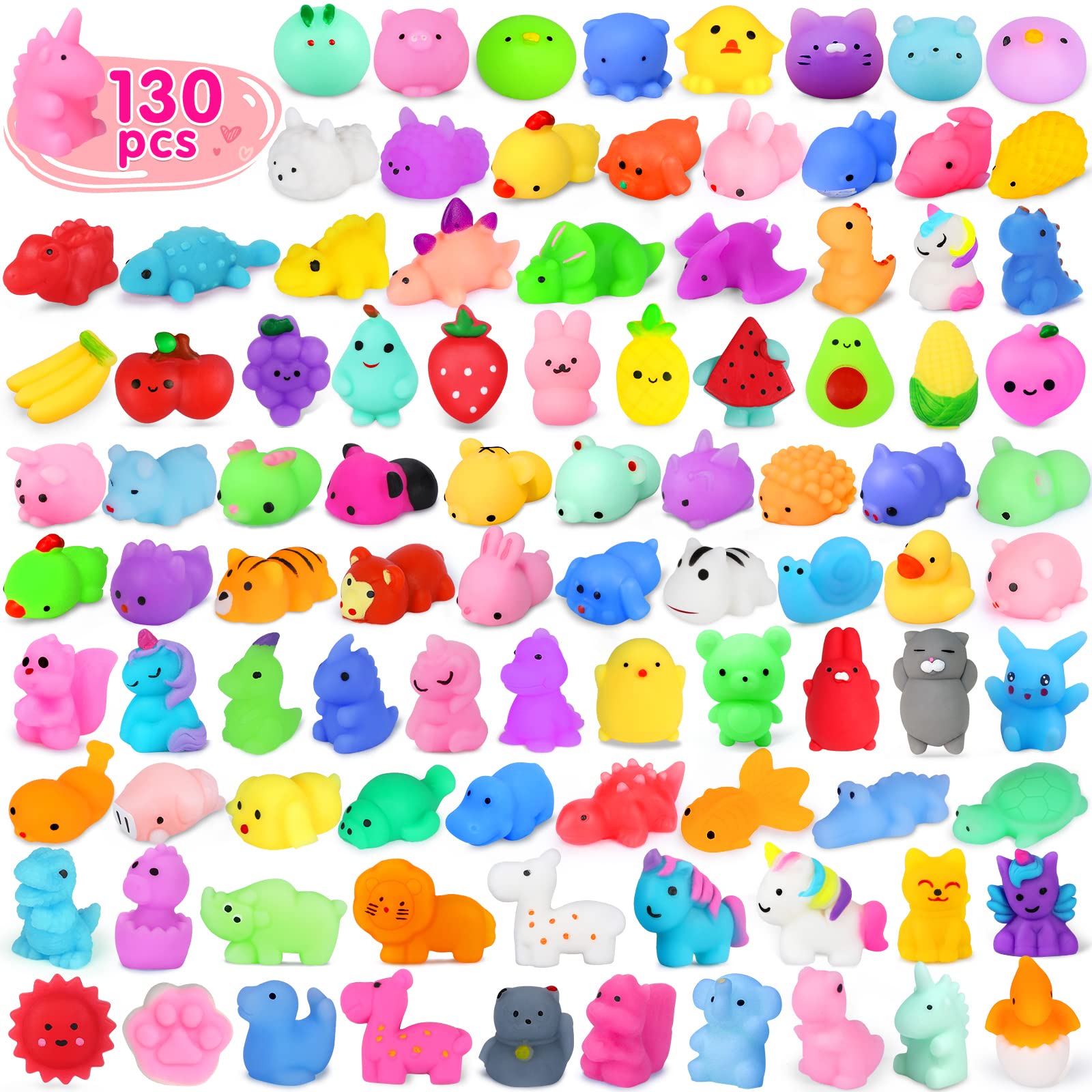 Yunaking 130PCS Squishies Mochi Squishy Toy Kawaii Squishies Party Favors for Kids Stress Relief Fidget Toys Treasure Box Toys Classroom Prizes Kid Easter Egg Fillers Xmas Goodie Bag Stuffers Random