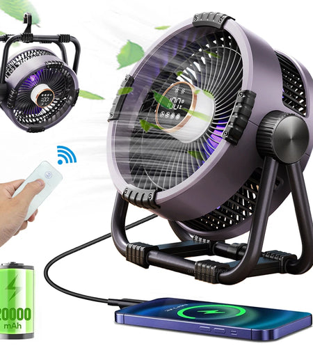 Camping Fan 20000Mah Rechargeable Portable Outdoor Camping Fan Wireless Camping Air Circulator Tent Ceiling Fan with LED Light