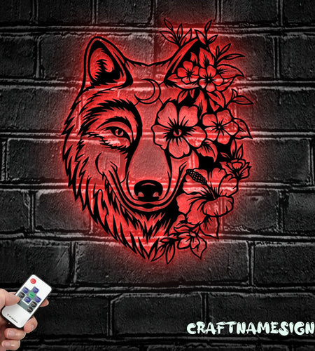 Floral Wolf Metal Wall Art LED Light, Wolf Sign Home Decor, Ideal for Home Decor