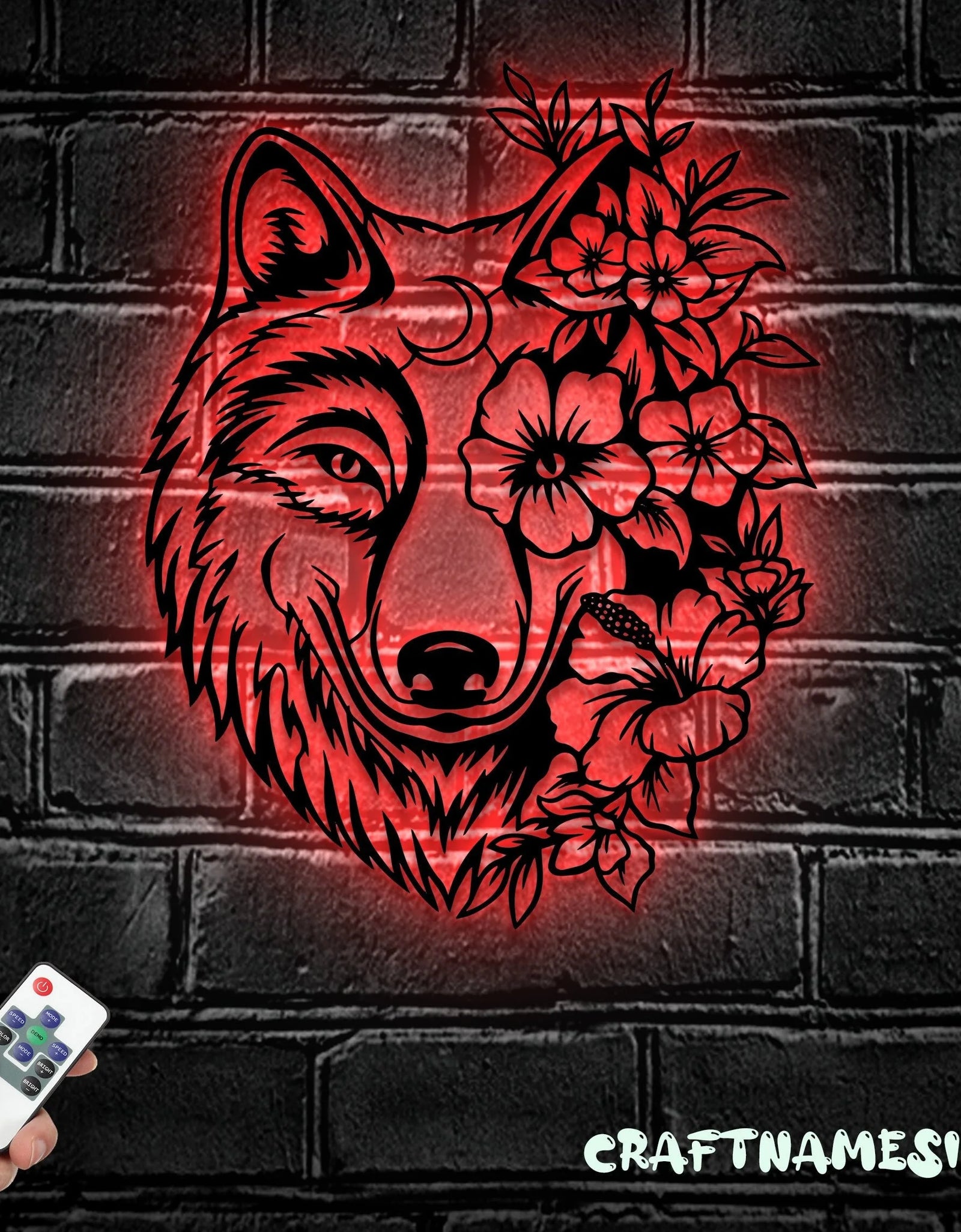 Floral Wolf Metal Wall Art LED Light, Wolf Sign Home Decor, Ideal for Home Decor